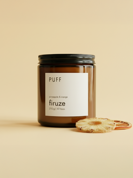Puff Candles Firuze Soya Mumu, amber kavanozda ananas, portakal ve elma kokulu doğal mum