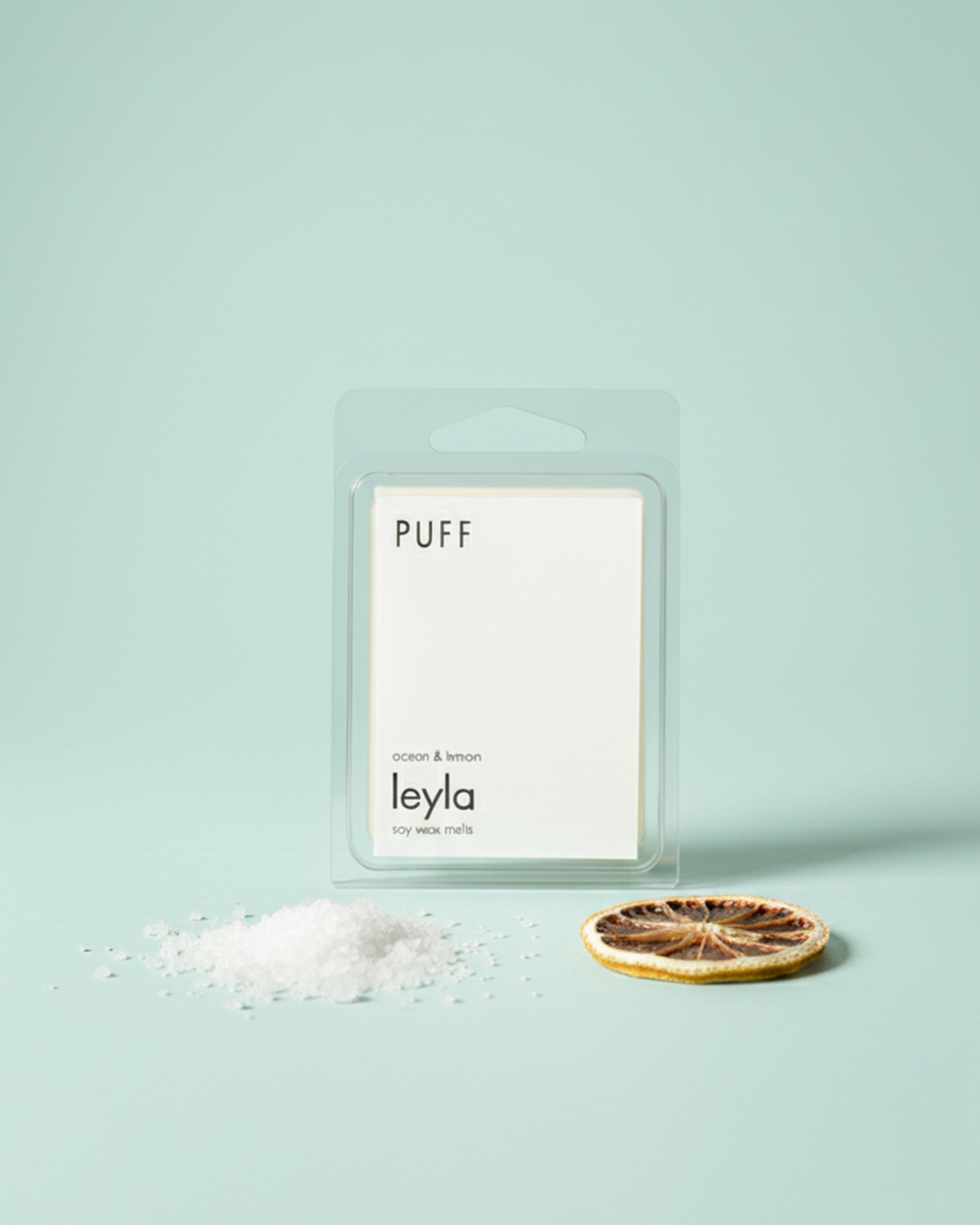 Puff Candles Leyla Wax Melt, okyanus, limon ve bergamot kokulu doğal soya mumu