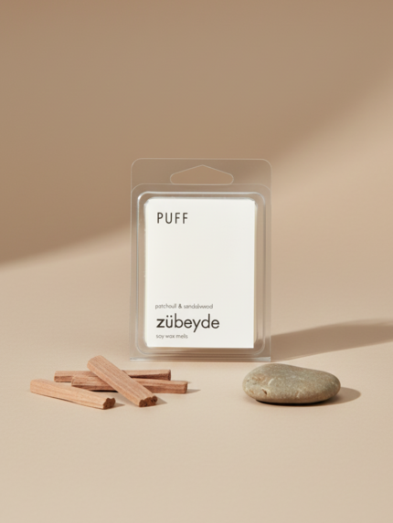 Puff Candles Zübeyde Wax Melt, paçuli ve sandal ağacı kokulu, odunsu doğal soya mumu