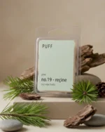 PUFF No.19 Reçine çam kokulu soya wax melts, çam dalları ve doğal dekor üzerinde ürün görseli
