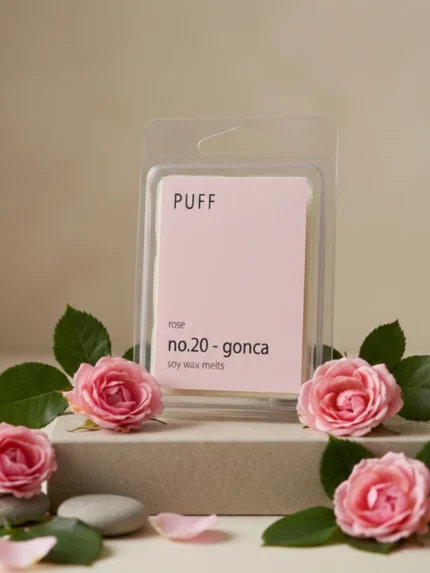PUFF No.20 Gonca gül kokulu soya wax melts, pembe gül çiçekleri ve doğal dekor üzerinde ürün görseli