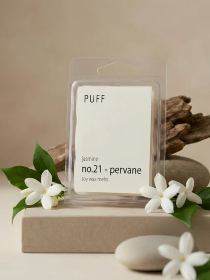PUFF No.21 Pervane yasemin kokulu soya wax melts, yasemin çiçekleri ve doğal dekor üzerinde ürün görseli