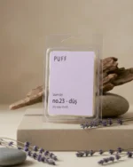 PUFF No.23 Düş lavanta kokulu soya wax melts, dekoratif taş ve lavanta dalları ile ürün görseli