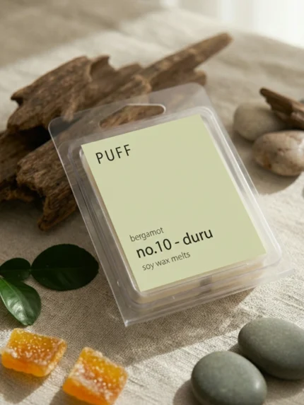 PUFF No.10 Duru bergamot kokulu soya wax melts, bergamot dilimleri ve doğal dekor ile ürün görseli