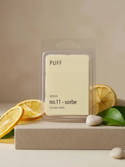 PUFF No.11 Sorbe limon kokulu soya wax melts, taze limon dilimleri ve doğal dekor ile ürün görseli