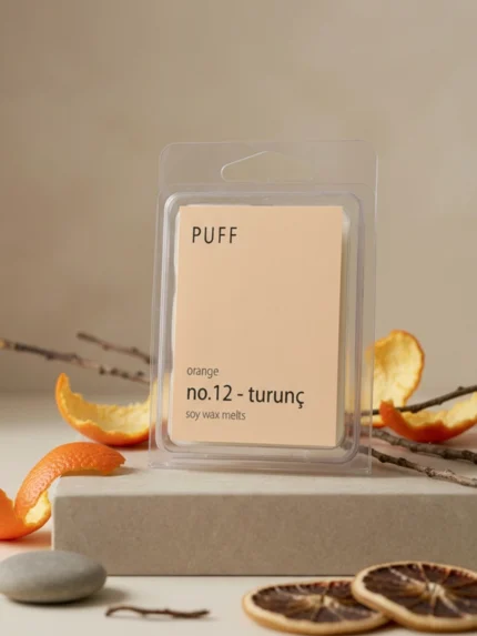 PUFF No.12 Turunç portakal kokulu soya wax melts, portakal kabukları ve doğal dekor ile ürün görseli