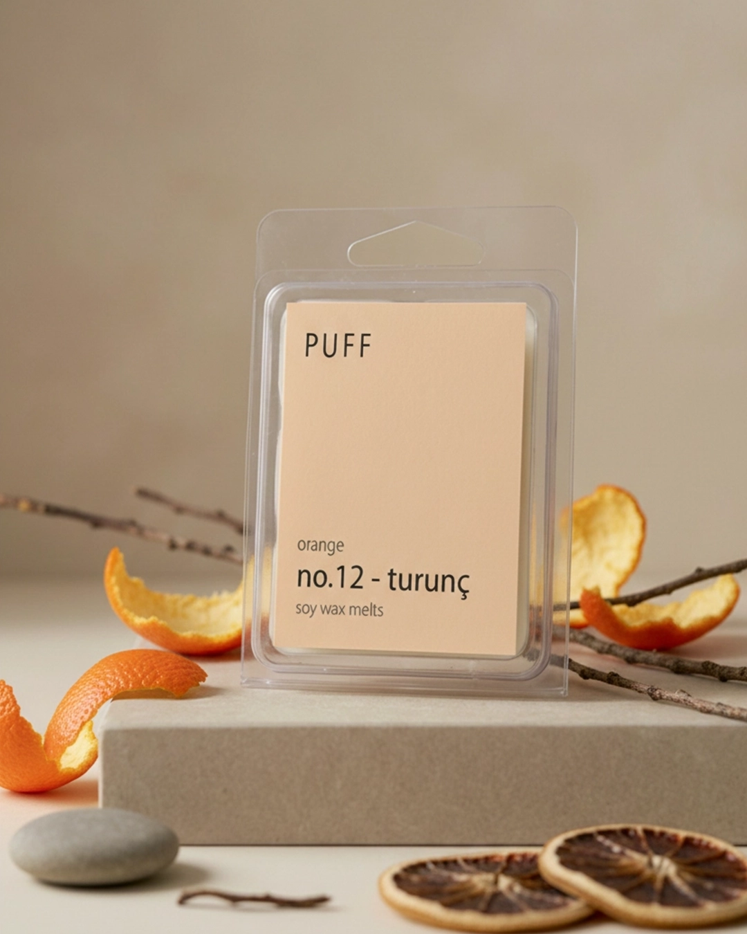 PUFF No.12 Turunç – Portakal Kokulu Buhurdanlık Mumu PUFF No.12 Turunç portakal kokulu soya wax melts, portakal kabukları ve doğal dekor ile ürün görseli