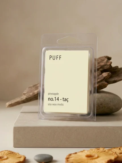 PUFF No.14 Taç ananas kokulu soya wax melts, kurutulmuş ananas dilimleri ve doğal dekor ile ürün görseli