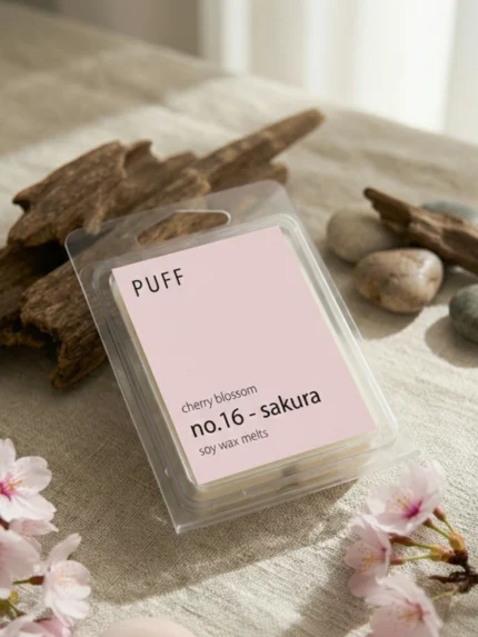 PUFF No.16 Sakura kiraz çiçeği kokulu soya wax melts, sakura çiçekleri ve doğal dekor ile ürün görseli