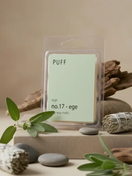 PUFF No.17 Ege adaçayı kokulu soya wax melts, adaçayı dalları ve doğal dekor ile ürün görseli