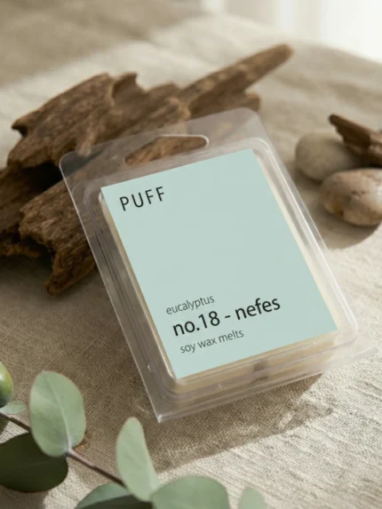 PUFF No.18 Nefes okaliptus kokulu soya wax melts, okaliptus yaprakları ve doğal dekor ile ürün görseli