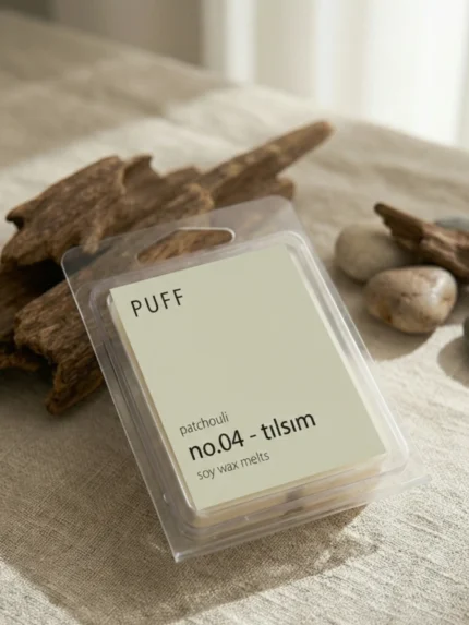 PUFF No.04 Tılsım paçuli kokulu soya wax melts, doğal yapraklar ve dekor ile ürün görseli