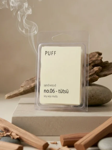 PUFF No.06 Tütsü sandal ağacı kokulu soya wax melts, sandal ağacı parçaları ve doğal dekor ile ürün görseli