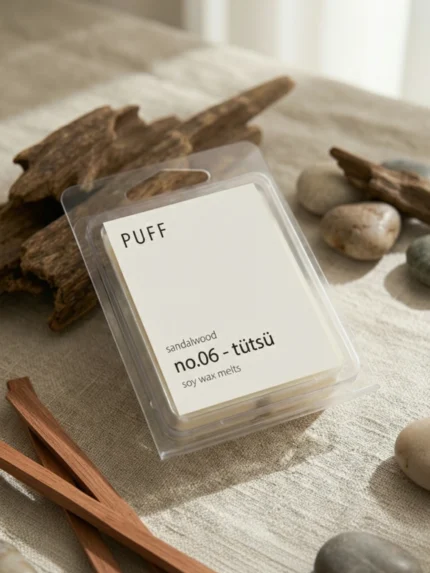 PUFF No.06 Tütsü sandal ağacı kokulu soya wax melts, sandal ağacı parçaları ve doğal dekor ile ürün görseli