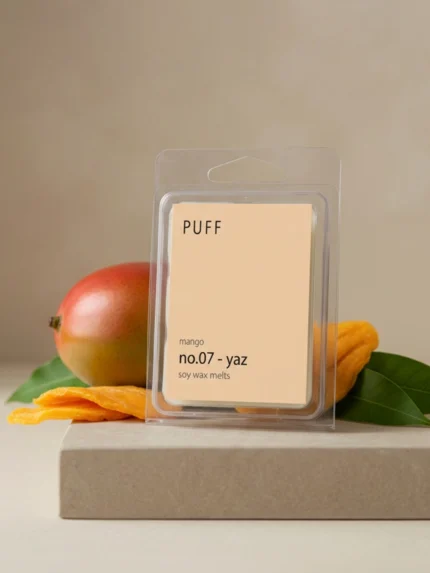PUFF No.07 Yaz mango kokulu soya wax melts, taze mango ve doğal dekor ile ürün görseli