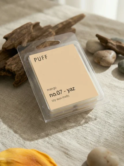 PUFF No.07 Yaz mango kokulu soya wax melts, taze mango ve doğal dekor ile ürün görseli