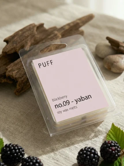 PUFF No.09 Yaban böğürtlen kokulu soya wax melts, taze böğürtlenler ve doğal dekor ile ürün görseli